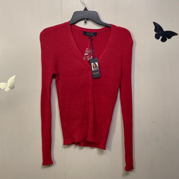 Rachel Roy Womens Cardigan Sweater‎ Small Red Ribbed Stretchy Long Sleeve New - Picture 1 of 11